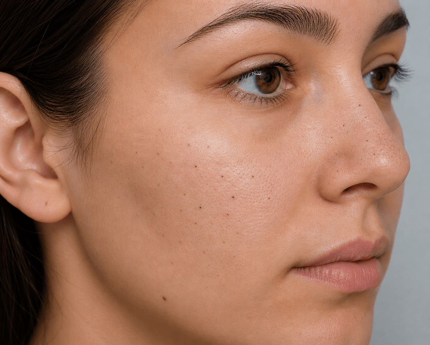 Close-up of a cheek with small, dark blackhead spots