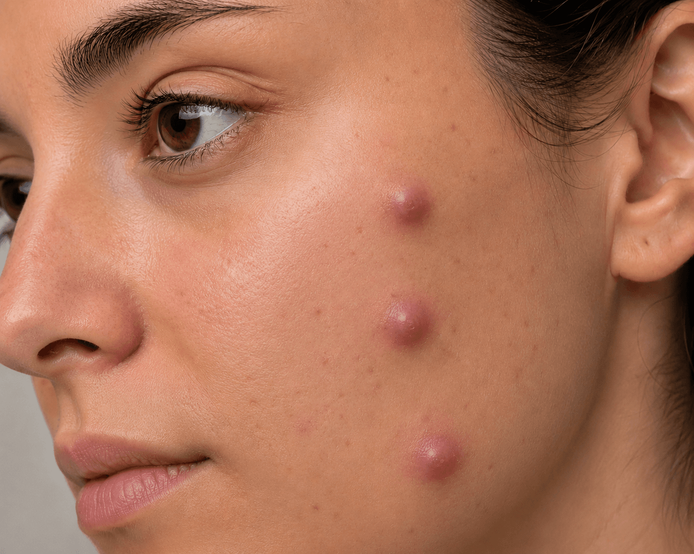 Close-up of a cheek with large, deep, inflamed acne cysts