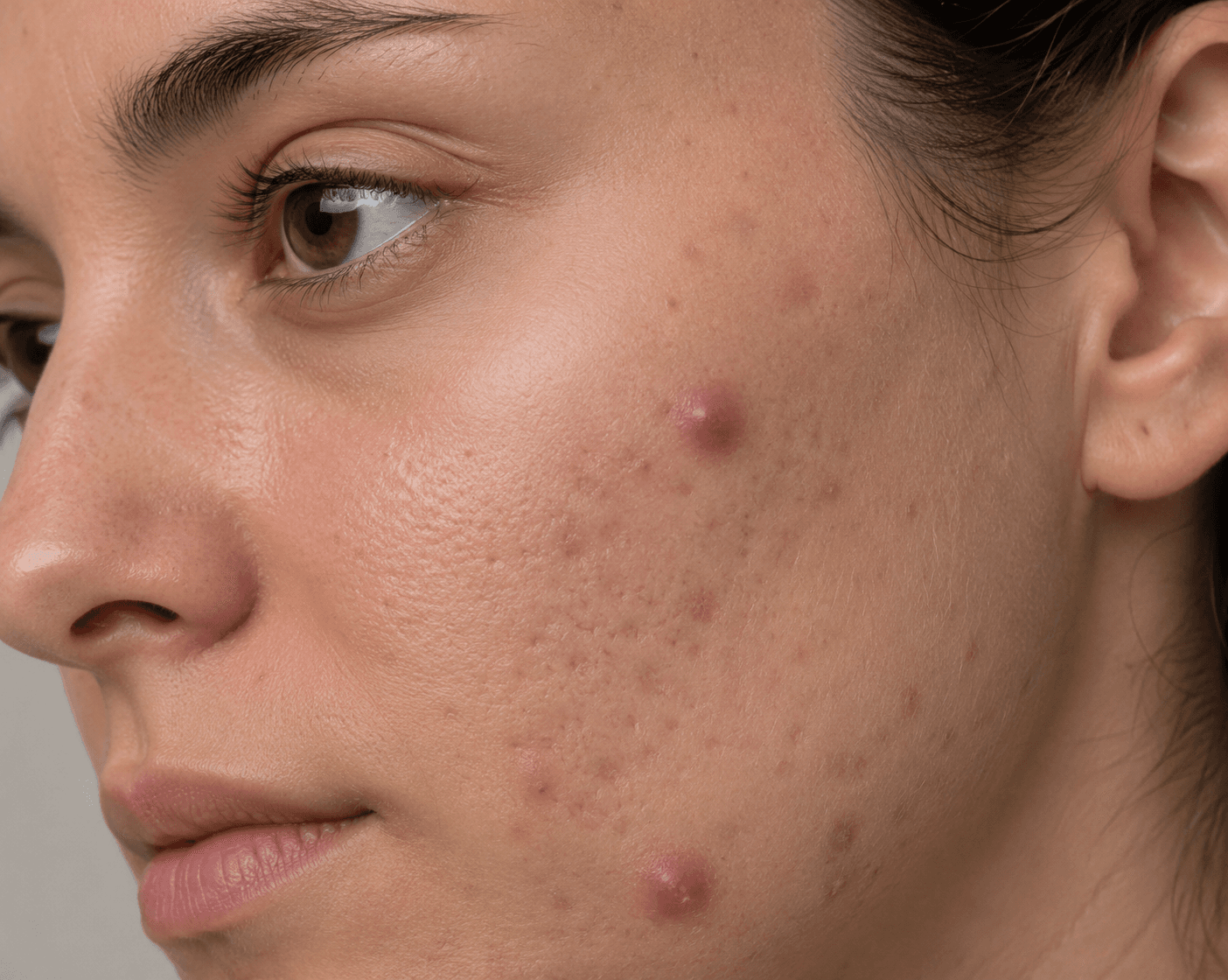 Close-up of a cheek with large, deep, inflamed acne nodules