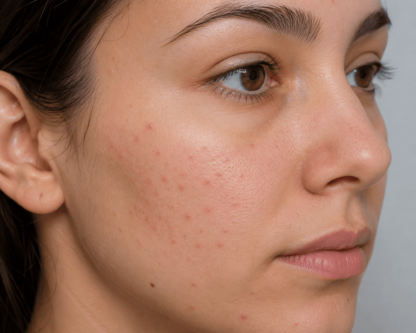 Close-up of a cheek with small, raised red papules