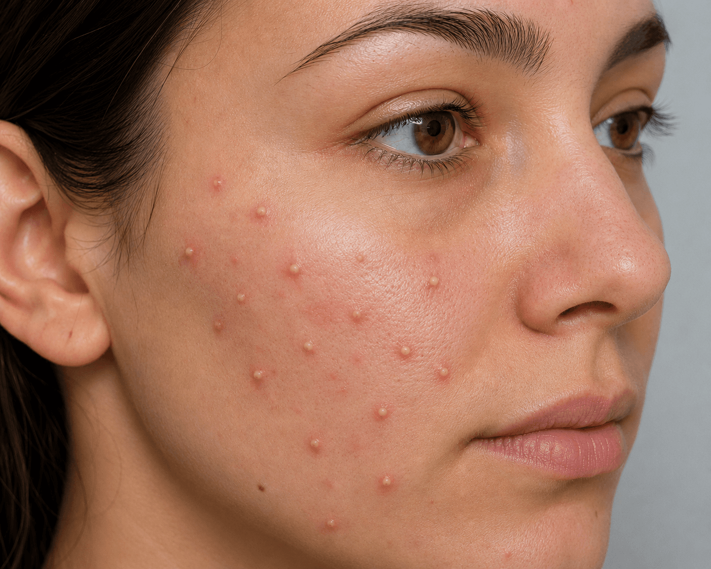 Close-up of a cheek with pus-filled pustules surrounded by red skin